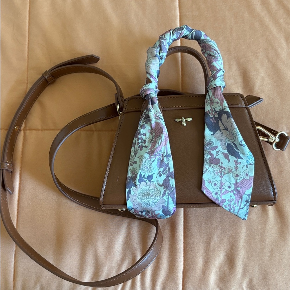Fable England brown MINI tote with Floral Scarf Accent